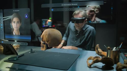 Man Uses Augmented Reality Glasses in Futuristic Lab