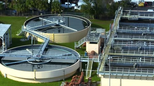 Aerial View of Modern Water Cleaning Facility at Urban Wastewater Treatment Plant Purification