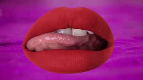 Lips with Red Lipstick on Purple Background