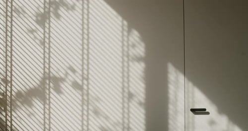 Shadows and Sunlight Through Window Blinds on a White Wall and Door