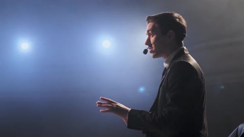 Speech of Business Man Employee at Business Conference for Office Workers Speaker Talks to Audience