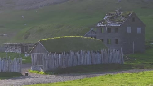 Beautiful Panoramic Aerial Shot of Viking Village Near Vestrahorn Mountain