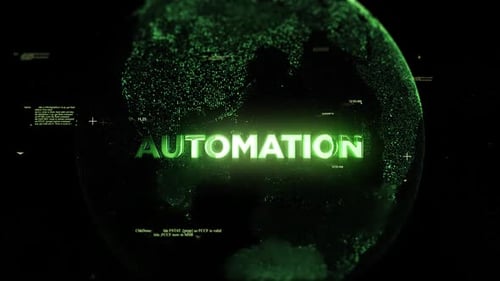 Glowing Green Automation Text Reveal with Futuristic Digital Globe
