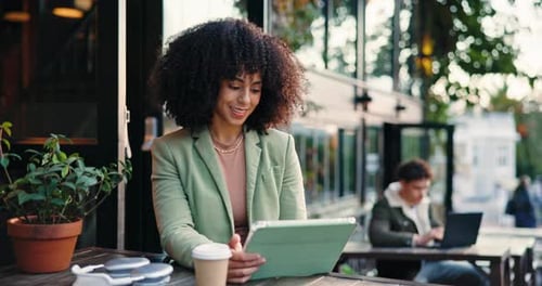 Remote work, tablet and reading with tech in coffee shop for communication