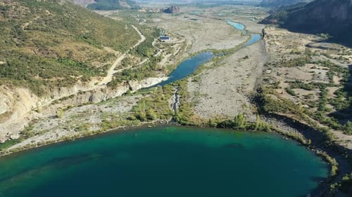 The Colbun Dam aerial view, dam in Chile located on lake Colbun