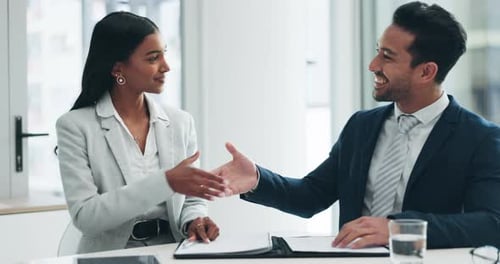 Contract, deal and business people handshake for partnership and agreement in office