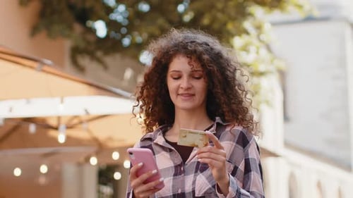 Lovely Woman Using Credit Bank Card Smartphone While Transferring Money Purchases Online Shopping