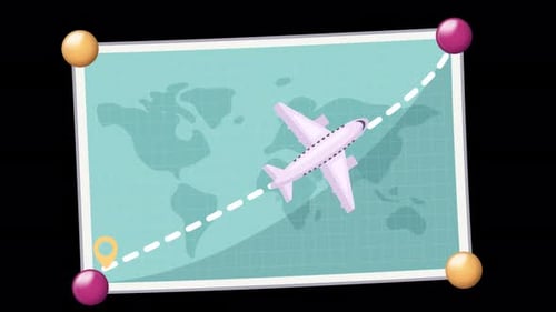 Animated Flat Design Travel Route with Flying Airplane on World Map