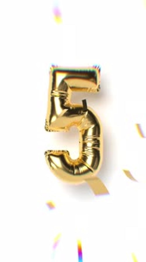 Shiny Gold Number Five Balloon with Festive Confetti