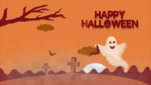 Happy Halloween Flat Design Animation with Ghost and Bats