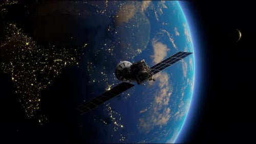 Artificial Satellite Of The Earth. A Satellite Flying In Space Over The Globe