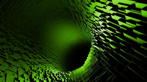 Green long corridor. Design. Fast moving computer graphics with a corridor without light inside.