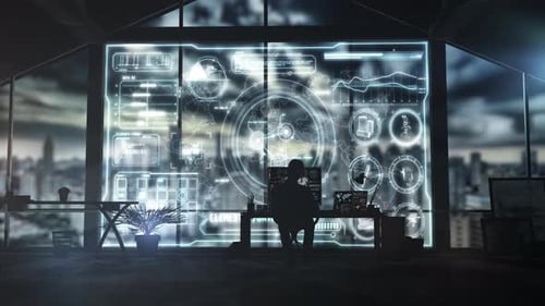 Empresario que trabaja con una interfaz digital global futurista