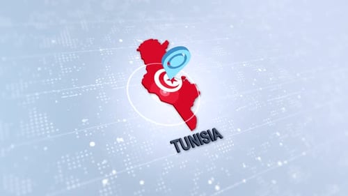 3D Tunisia Map with Spinning Location Pin and Digital Grid Background