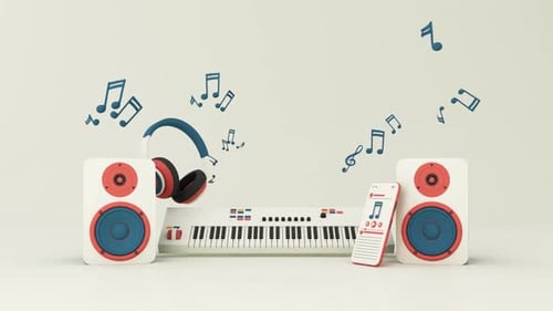 Animated Music Studio Setup with Floating Musical Notes