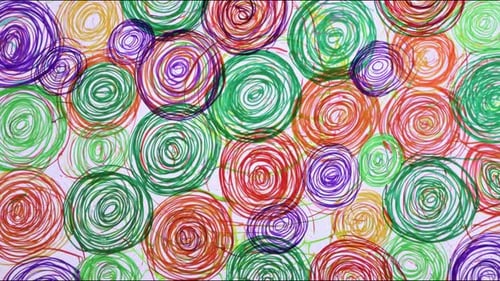 Hand drawn colorful spiral circles rotating across white background seamless loop hand drawn digital