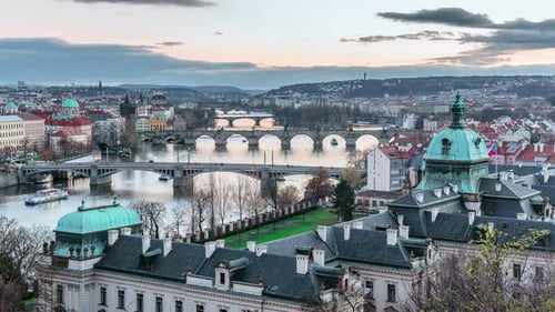 Sunset timelapse of Prague bridges including the famous Charles Bridge over the River Vitava