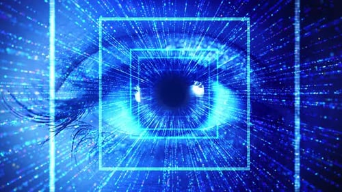Futuristic Blue Eye with Digital Data Streams and Expanding Squares