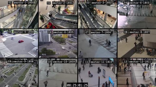 Software interface, CCTV split screen multicam surveillance monitors.