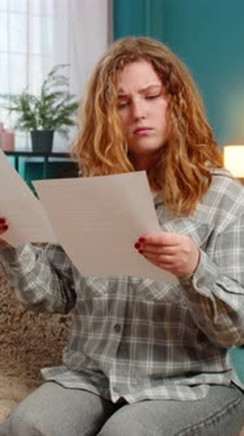 Young Woman Nervously Tearing Documents Disappointed Upset Frustrated About Negative Bad News Result