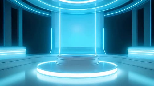 Futuristic Cyber Stage with Glowing Neon Blue Lights Background