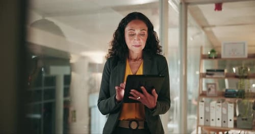 Night, woman and tablet in office for business, feedback and check schedule