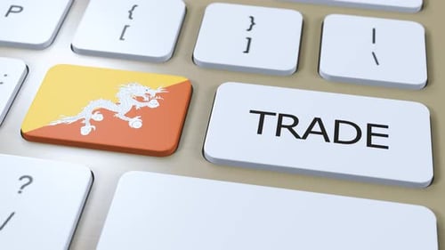 Bhutan Country Flag and Trade Text on Button 3D Animation