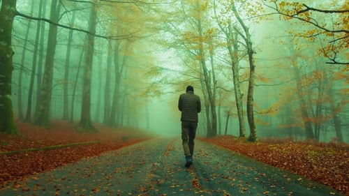 Lonely Man Walking In A Sad Autumn Landscape