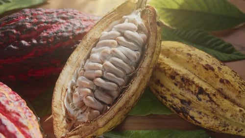 Fruta de cacau fresca com feijão e folhas de cacau em uma mesa de madeira à luz do sol.
