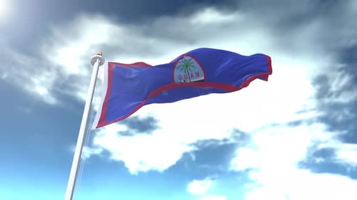 Waving Guam Flag on a Pole with Cloudy Sky Background