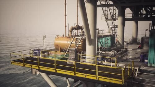 Operational Oil Rig Platform with Equipment Above Water Surface