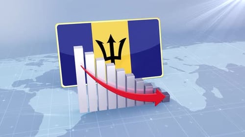 Barbados Flag With Decrease Bar Chart Graph And Arrow Red