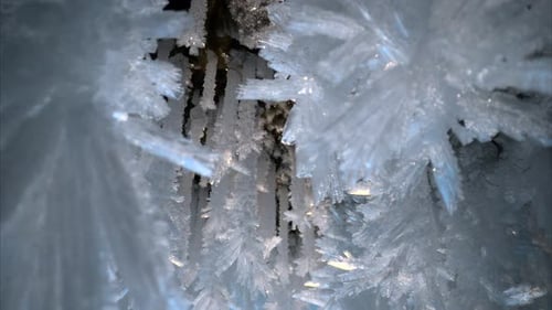 Blue Crystal Icicles Ice Snowflakes on Stalactites Inside Frozen Cave