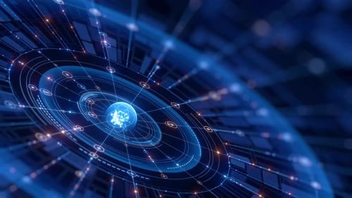 Abstract digital background with interconnected lines, glowing dots, and concentric circles