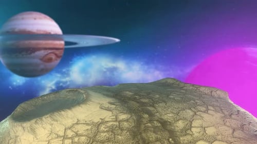 Saturn mit Ring Roter Mars und rotierendem braunem Asteroid mit Kratern am Sternenhimmel mit Nebel