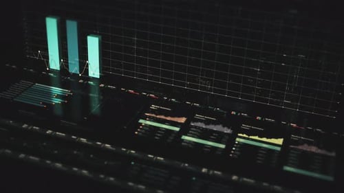 Animated Futuristic Digital Interface with Bar Graphs and Data Visualization