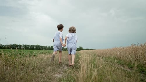 Little Happy Children Boys Running Race Outside City Natural Rural Landscape