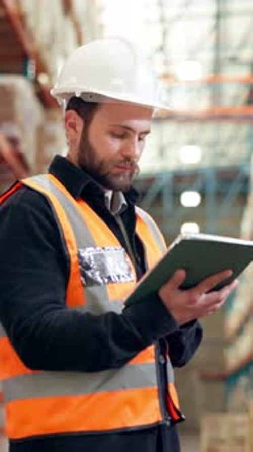 Man, engineer and inspection with tablet in warehouse for logistics, maintenance or stock control