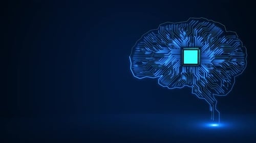 Digital Brain Circuitry with Microchip Glowing Network Animation
