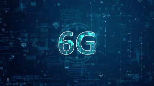 Blue digital 6G logo and futuristic circle HUD with big data processed on grid line background