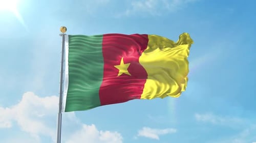 Cameroon Flag Waving Realistic Loop Against Blue Sky