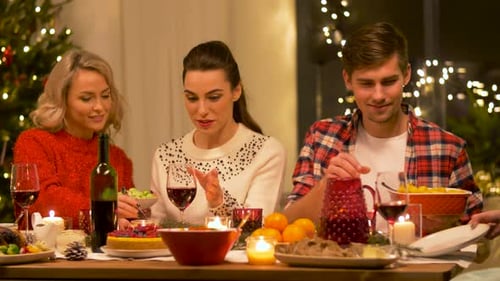 Friends enjoying Christmas dinner with wine and turkey