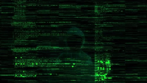 Digital Hacker Figure with Binary Code Glitch Effect