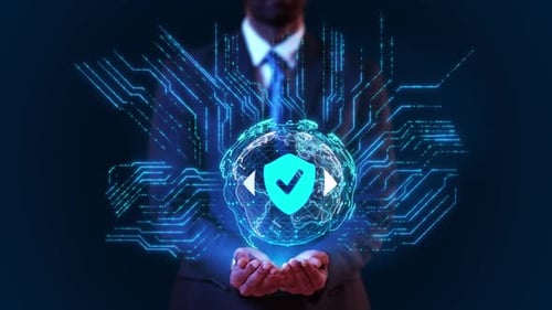 Hologramme HuD à affichage virtuel pour homme d'affaires, cybersécurité, sécurité des réseaux de données ou confidentialité des informations