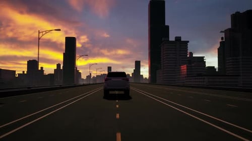 Car Driving on Highway at Sunset Towards City Skyline