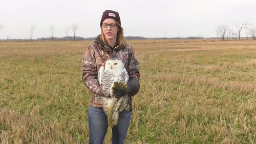 Young Adult Holding a Magnificent Snowy Owl