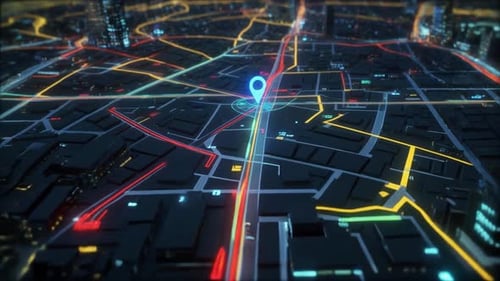 Digital GPS Navigation Map with Glowing Location Pin in Smart City