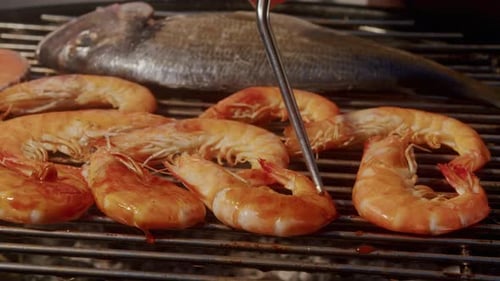 Chef Cooking Shrimps with Oil and Spices on Grill Closeup Prawns on Fire Throwing Them on Pan Dorado