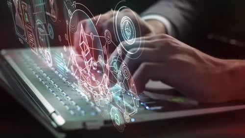Futuristic Holographic Data Interface over Typing Hands on Laptop