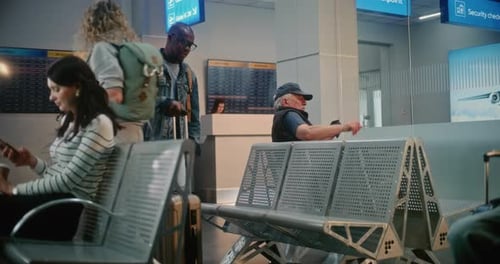 Crowded International Airport Terminal Diverse Travelers and Passengers Waiting for Airplane Flight